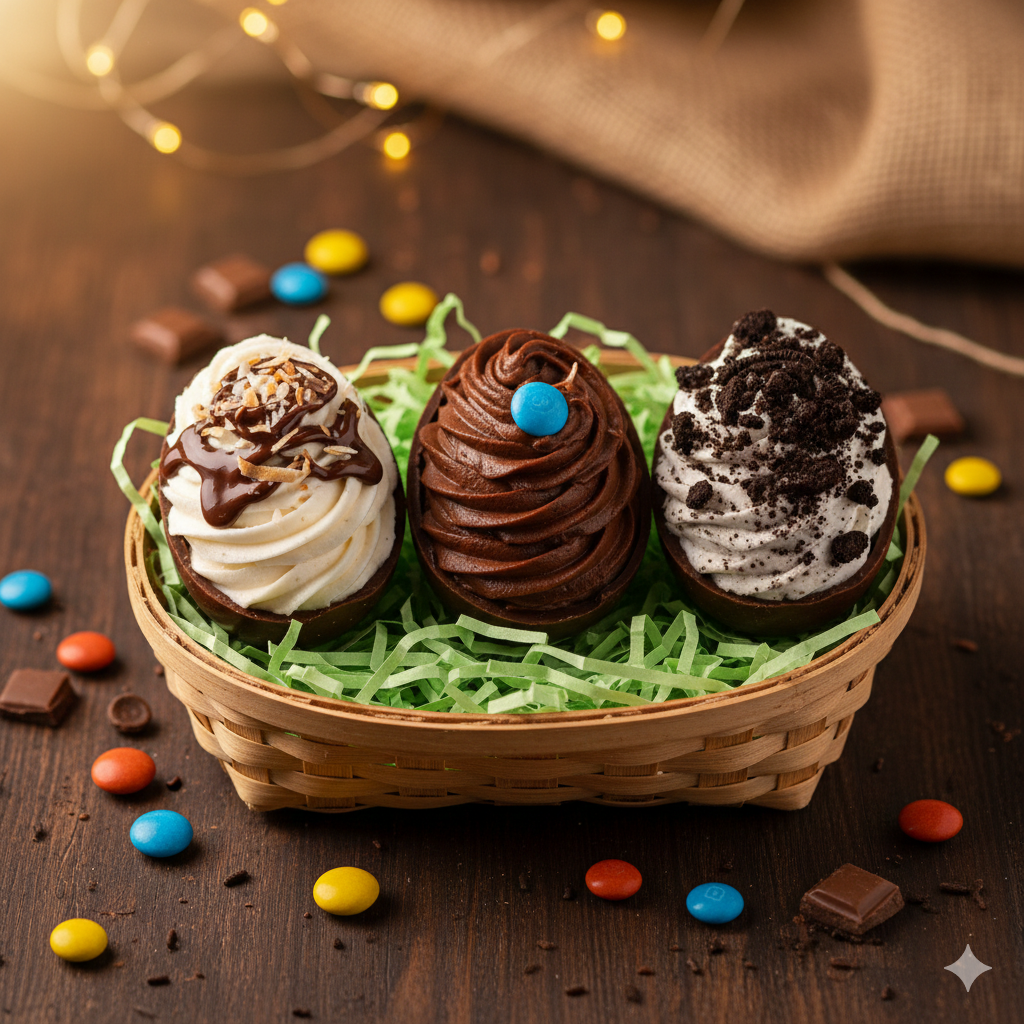 Mini ovos de Pascoa decorados em cesta com chocolate branco, ao leite e cookies